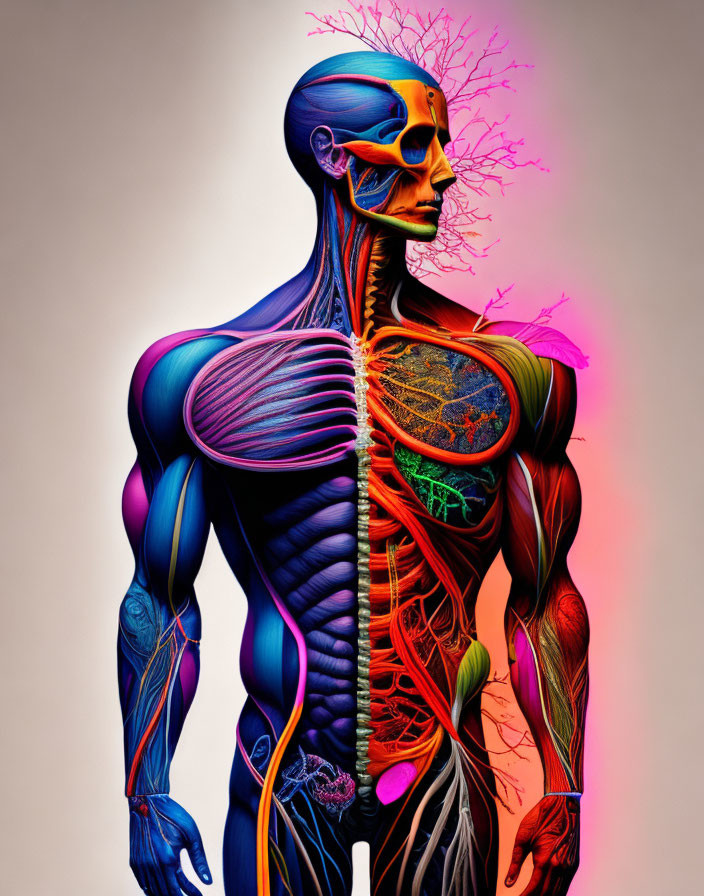 Vivid human anatomy illustration with muscles, cardiovascular, and nervous systems