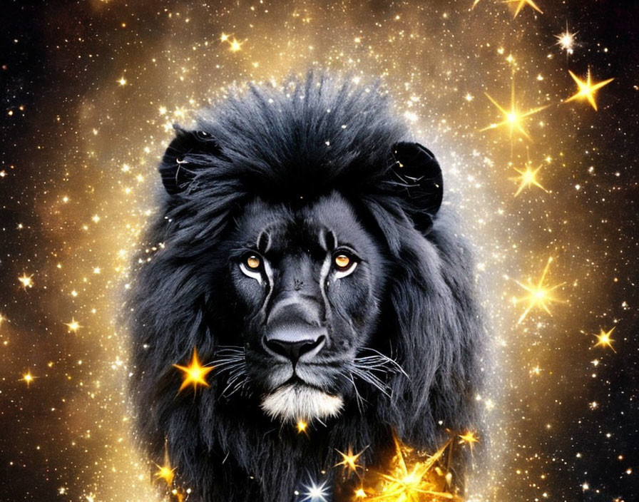 Black lion with piercing eyes in starry galaxy portrait