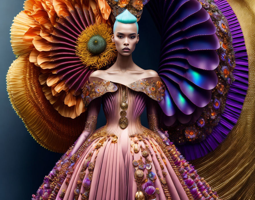 Avant-garde makeup and sculptural gown with vibrant flowers and iridescent embellishments