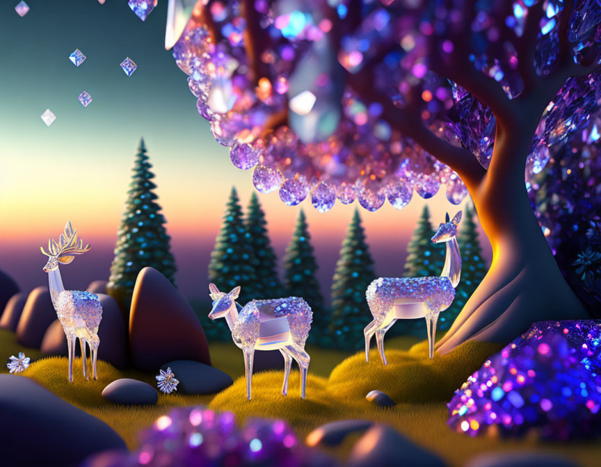 Fantasy landscape with purple trees, glowing grass, crystalline leaves, and ethereal deer at twilight