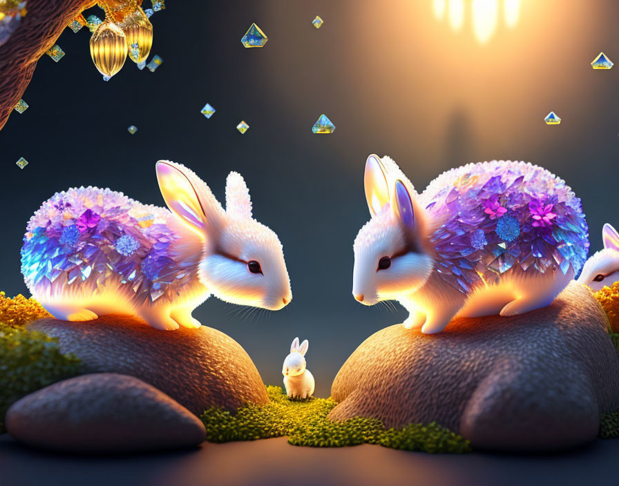 Glowing crystal-covered rabbits on rocks in mystical landscape