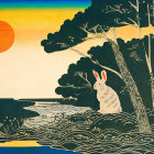 Stylized illustration of white rabbit by water, trees, birds, and sun