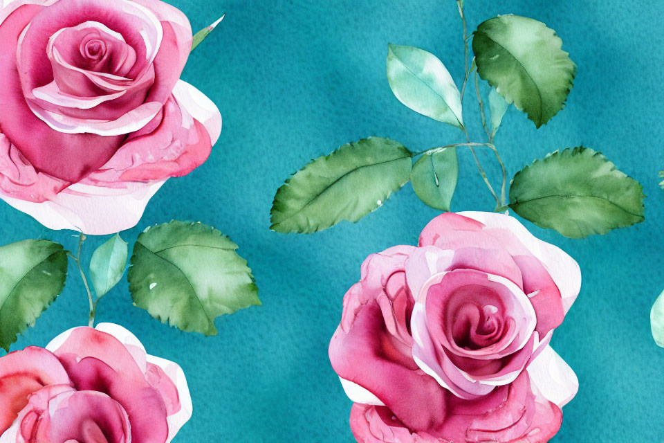 Vibrant watercolor roses and leaves on teal backdrop