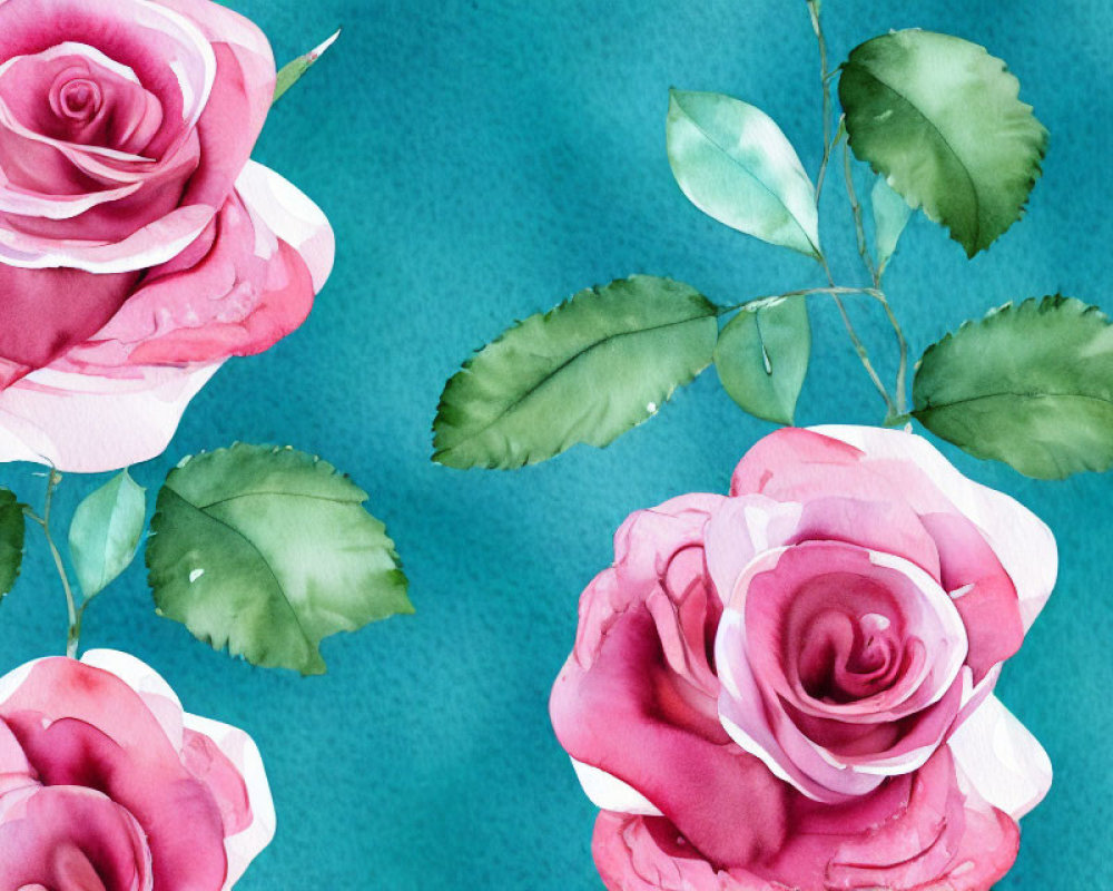 Vibrant watercolor roses and leaves on teal backdrop