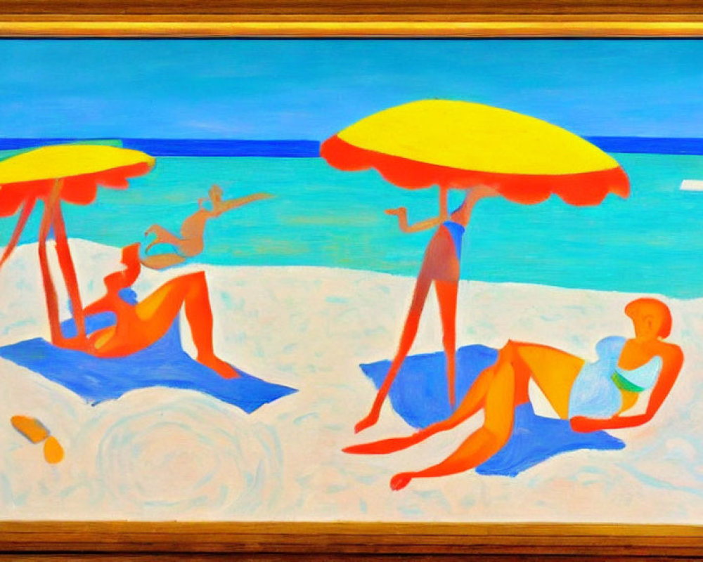 Vibrant painting of three people under yellow umbrellas on a sunny beach