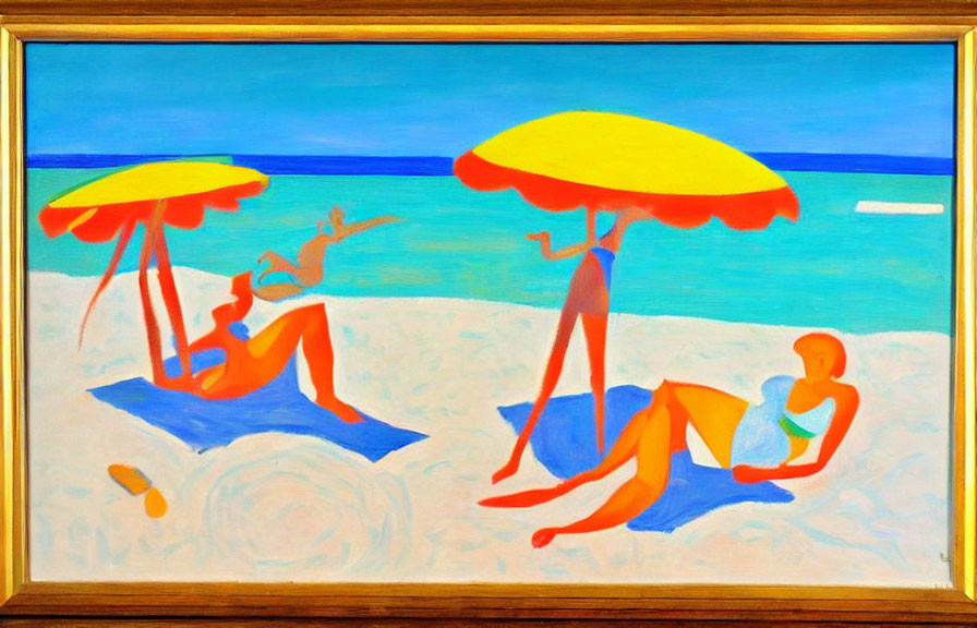 Vibrant painting of three people under yellow umbrellas on a sunny beach