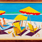 Vibrant painting of three people under yellow umbrellas on a sunny beach