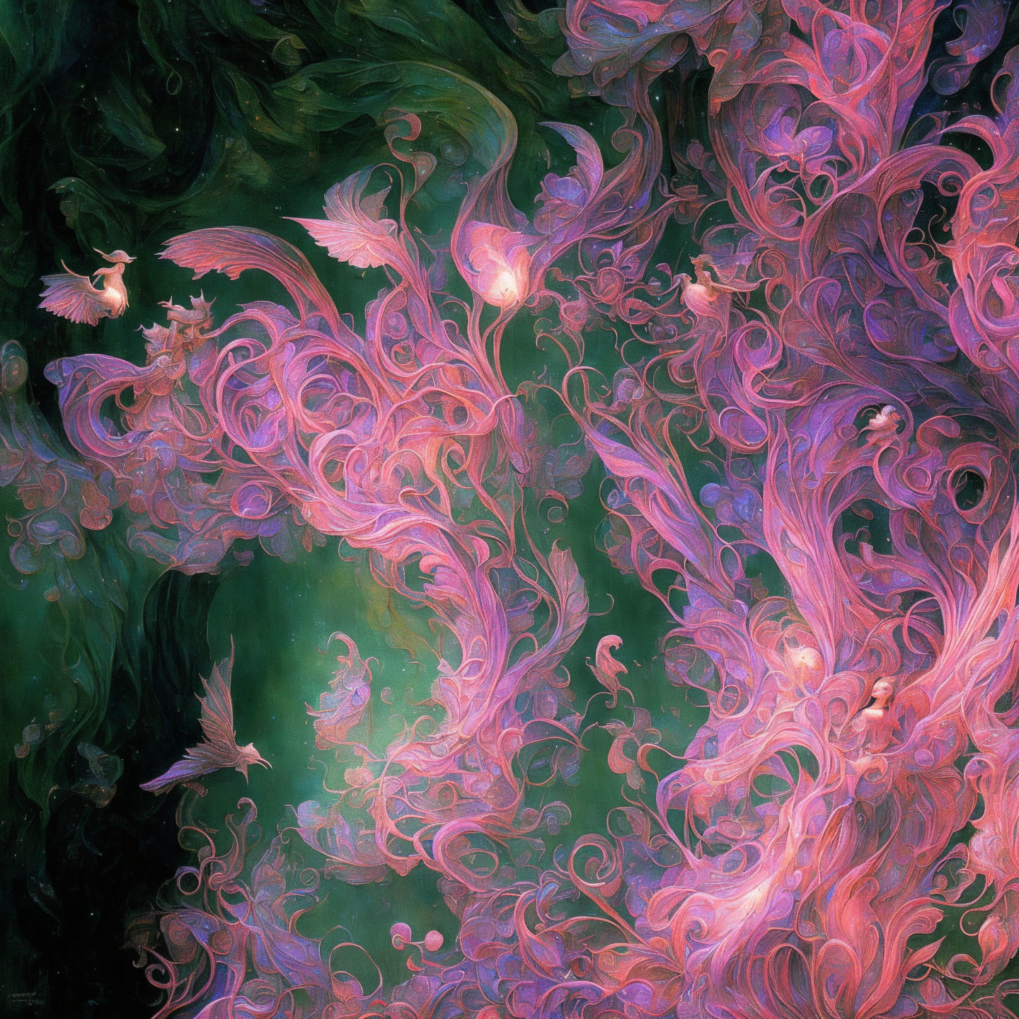 Vibrant pink and green swirling patterns with ethereal birds