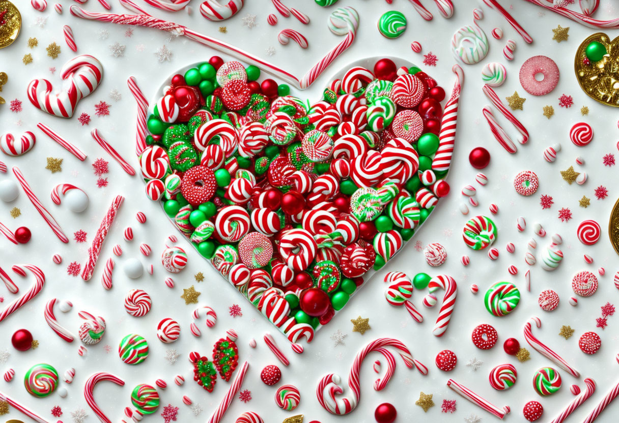 Colorful Christmas candy heart with candy canes and ornaments on white background