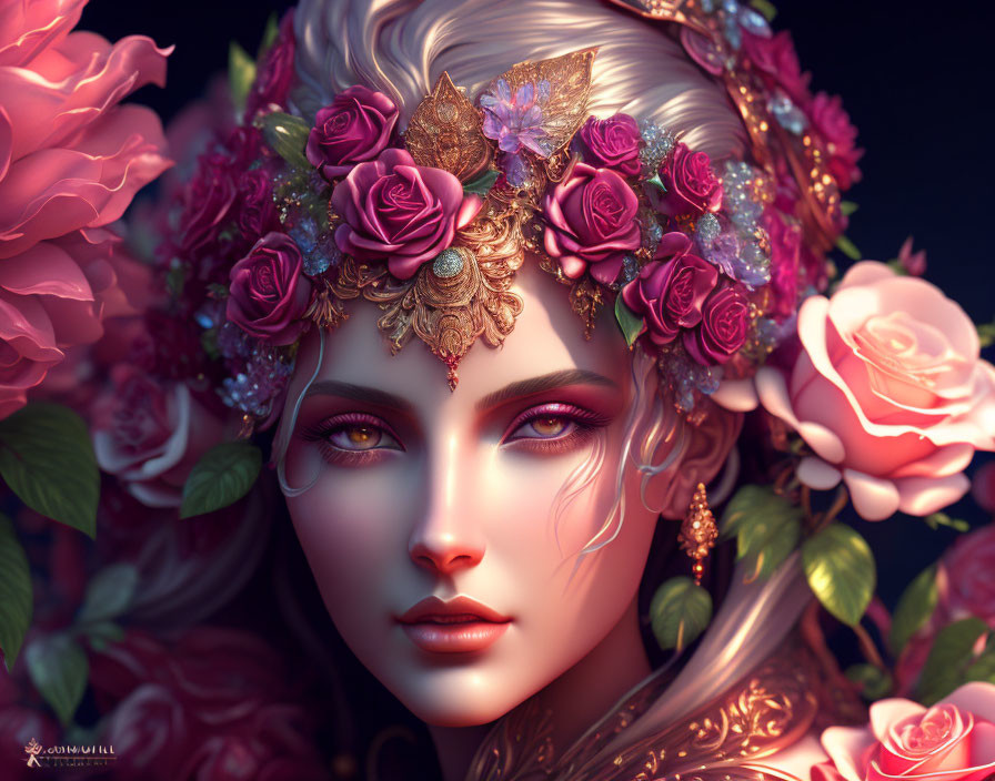 Digital artwork: Woman with floral crown & gold adornments, vibrant roses & intricate designs