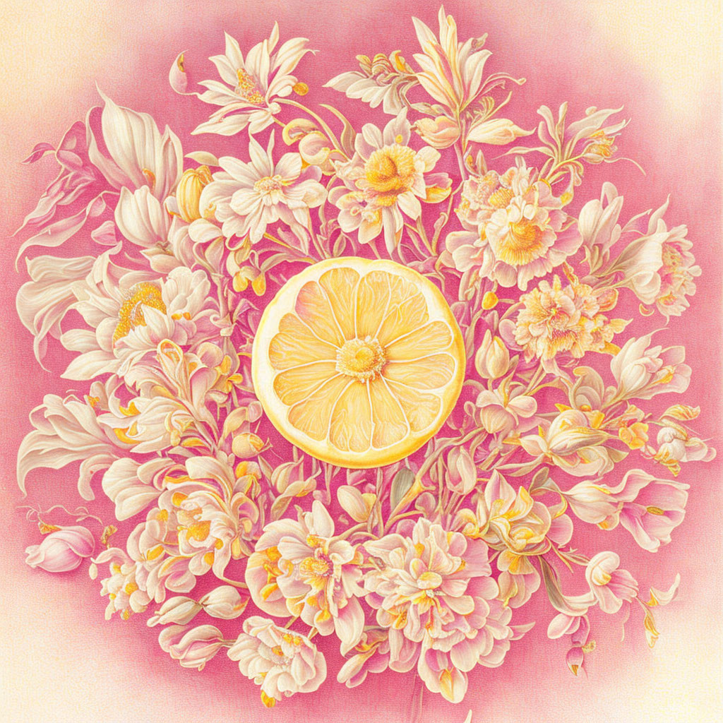 Colorful Floral Illustration with Pink Flowers and Orange Slice on Warm Background