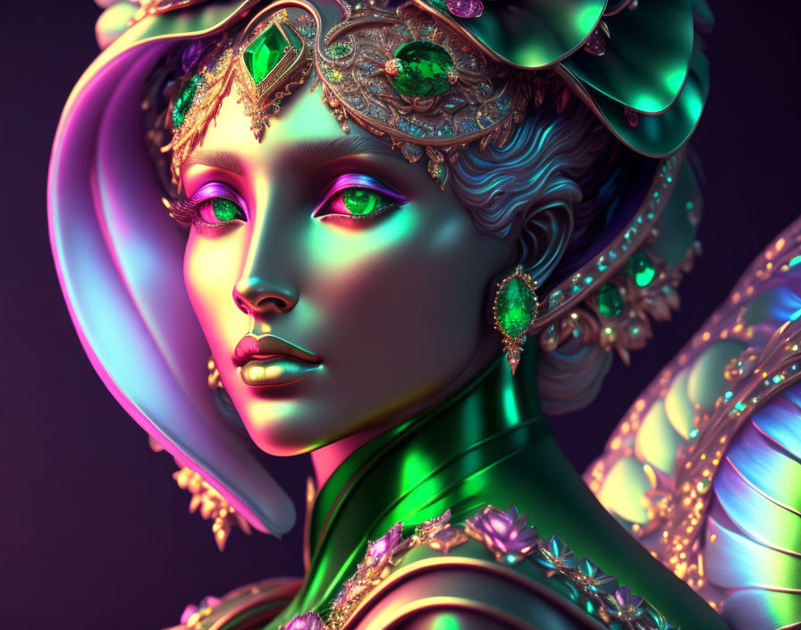 Vibrant digital portrait of a woman with intricate jewelry and fantasy headdress in iridescent green