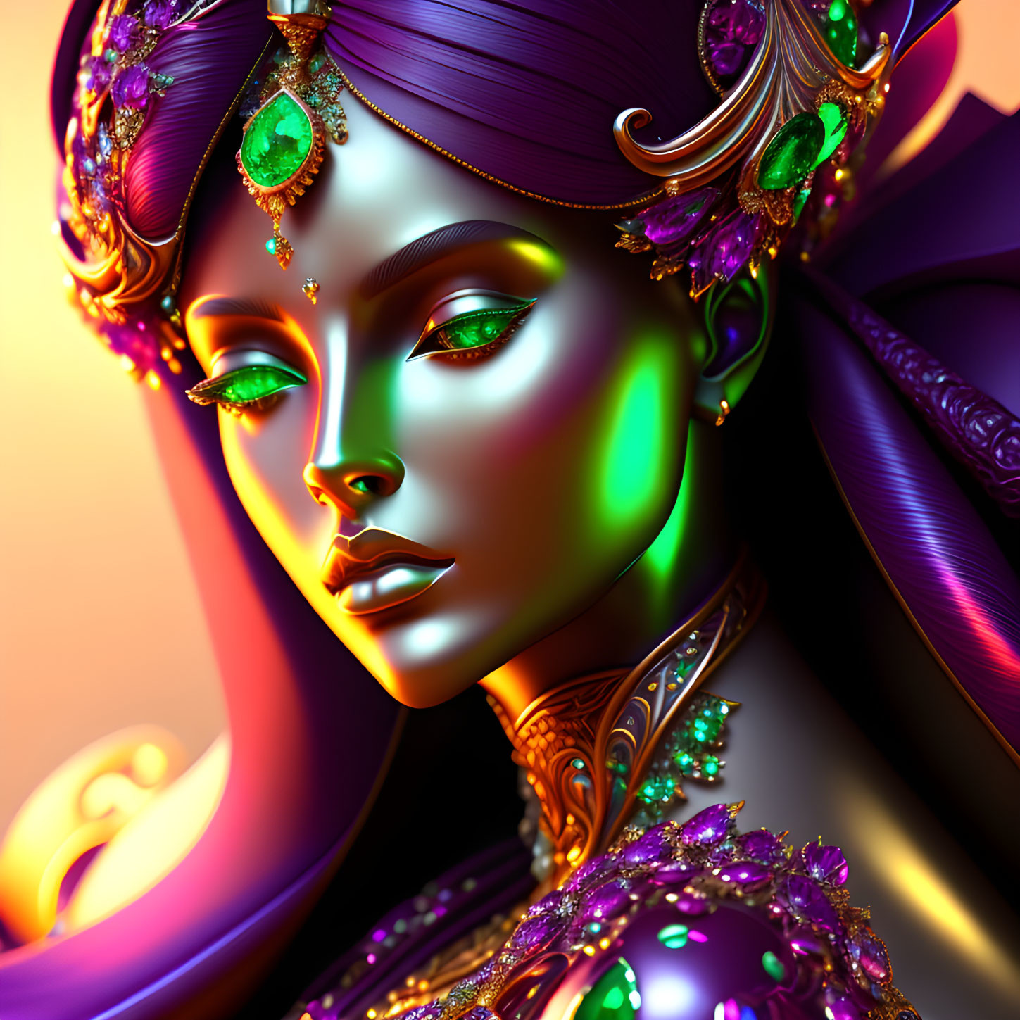 Digital artwork featuring woman with golden skin, green highlights, purple headgear, and gold jewelry