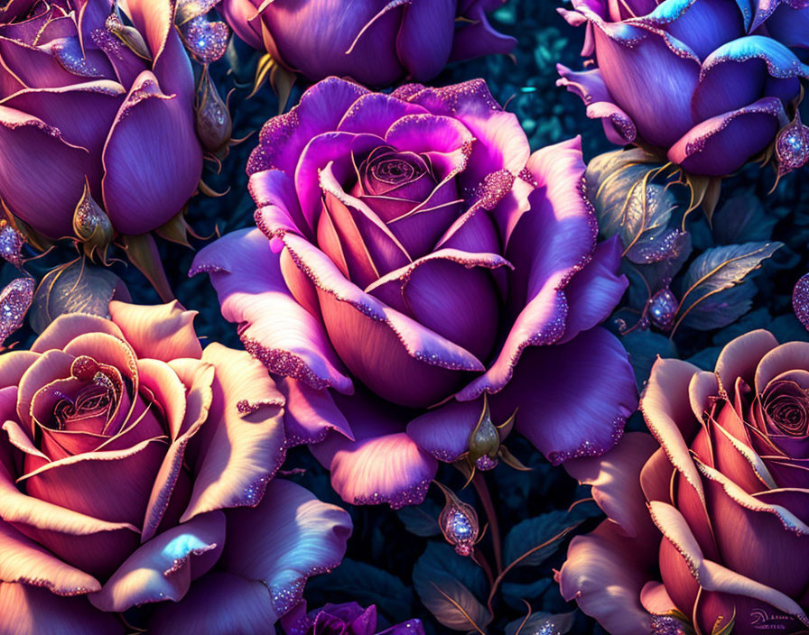 Vibrant purple roses with dewdrops on dark background