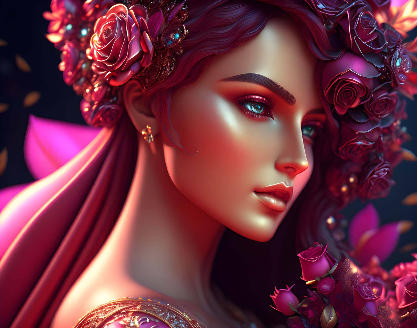 Digital artwork featuring woman with blue eyes, floral headpiece, golden earrings, red garment