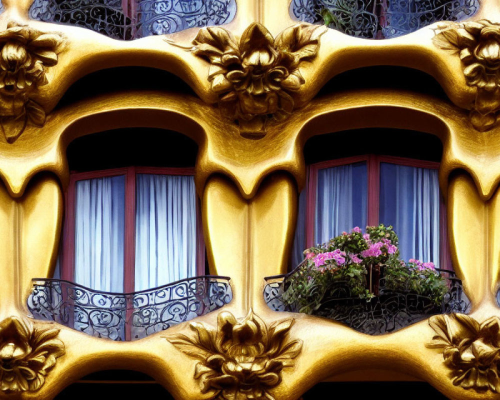 Yellow façade with flower motifs, ironwork balconies, and pink flower curtains