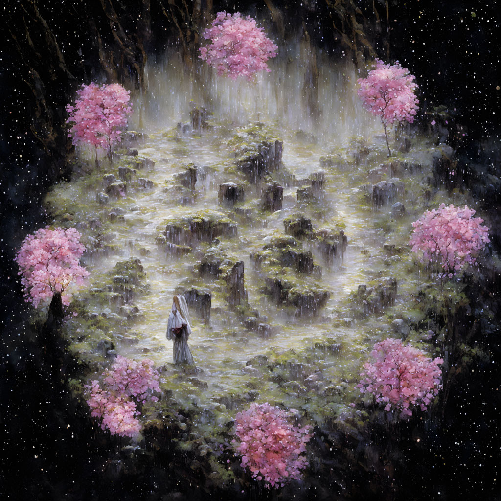 Person surrounded by pink cherry blossom trees and moss-covered ruins under starry sky