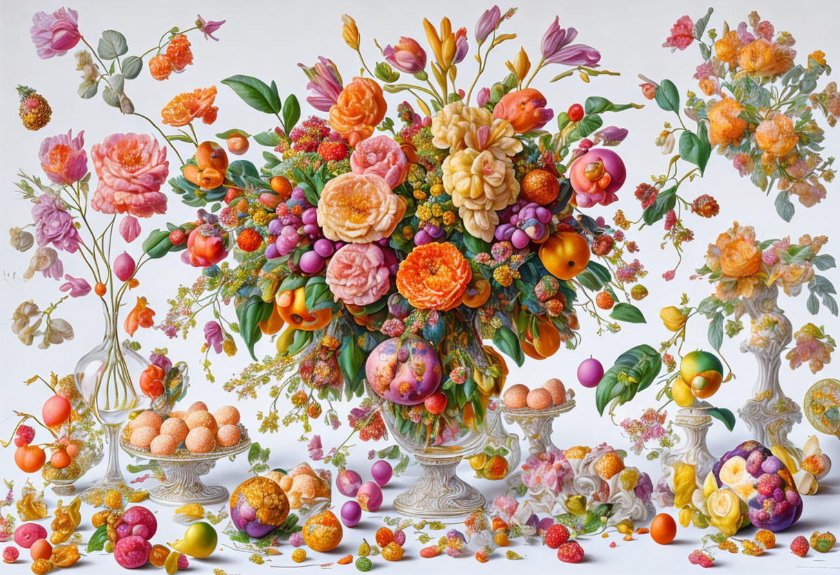 Colorful floral still-life with central vase and fruits on pedestals