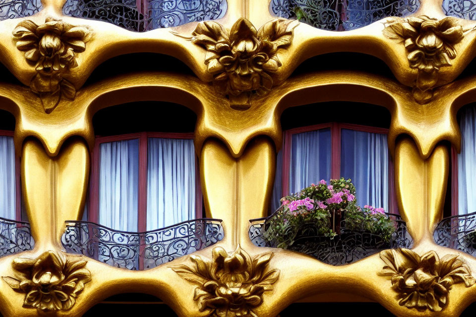 Yellow façade with flower motifs, ironwork balconies, and pink flower curtains