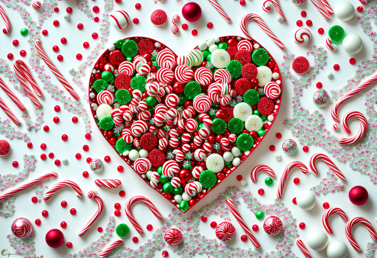 Assorted red, green, and white candies in heart-shaped box with candy canes and sprinkles