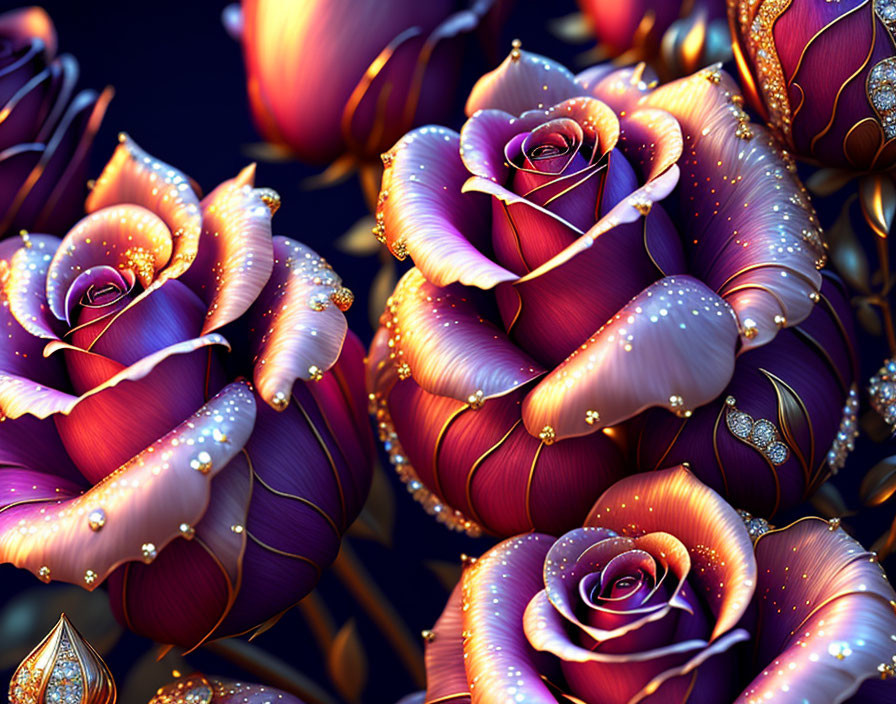 Stylized digital art: Purple and gold roses with dewdrops