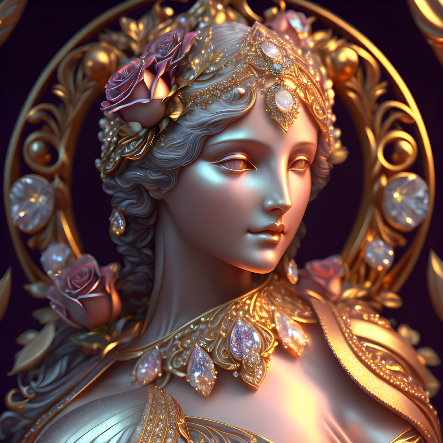 Digital artwork: Female figure adorned with gold jewelry and roses, blending classical and modern aesthetics