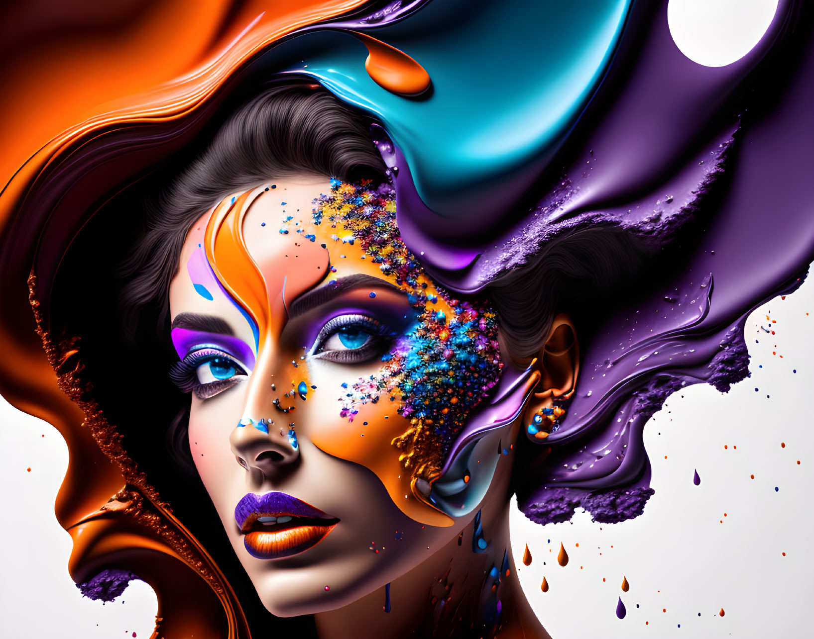 Colorful Makeup Blended with Dynamic Liquid Swirls in Orange, Purple, and Blue