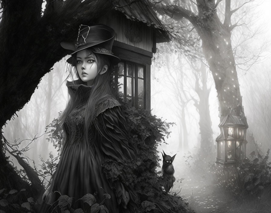 Monochrome image: Mysterious woman in Victorian attire with rabbit and lantern in foggy woods.