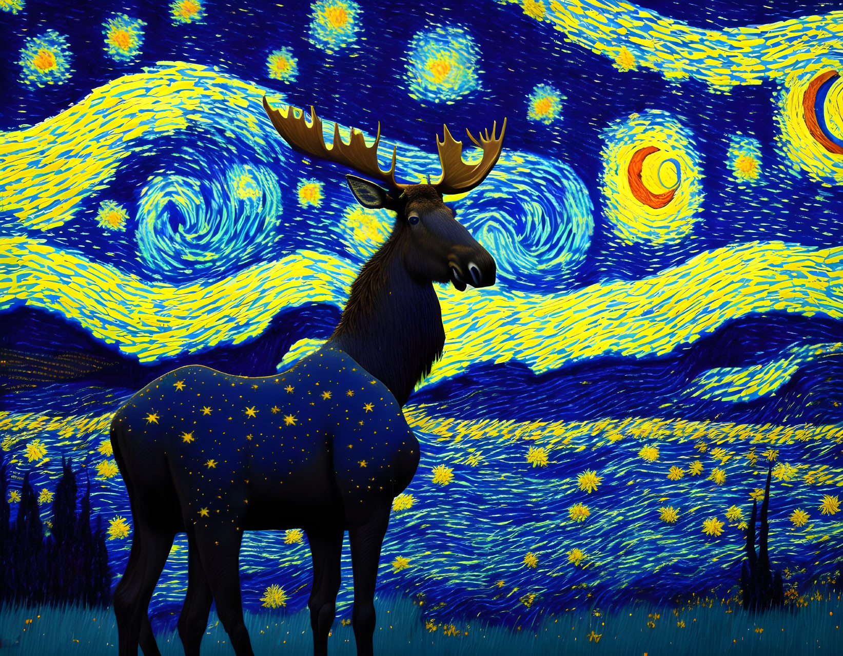 Moose in a Starry Night