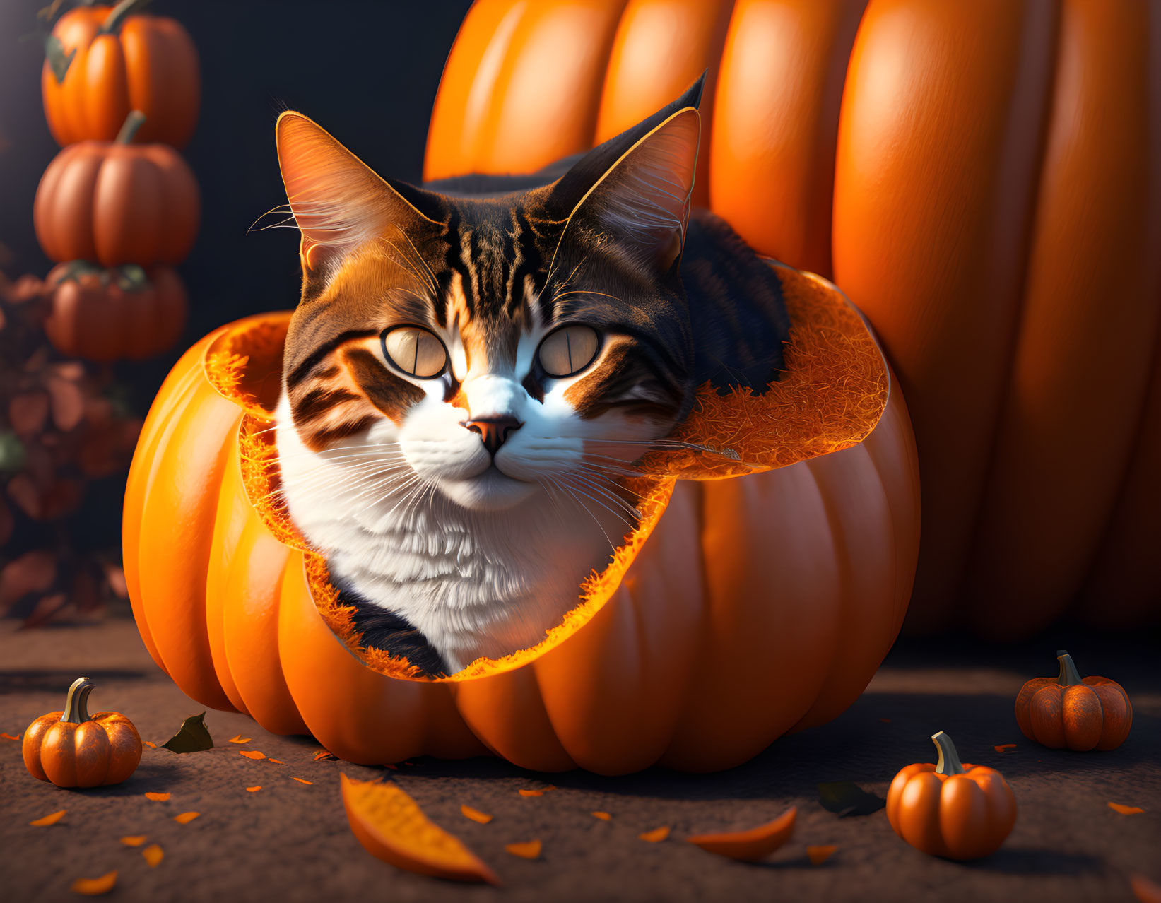 Tabby Cat with Vivid Markings Inside Orange Pumpkin Among Miniature Pumpkins