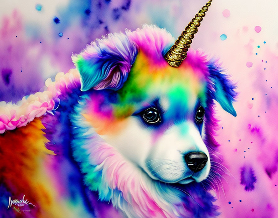 Colorful Fluffy Dog with Unicorn Horn in Paint Splatter Background