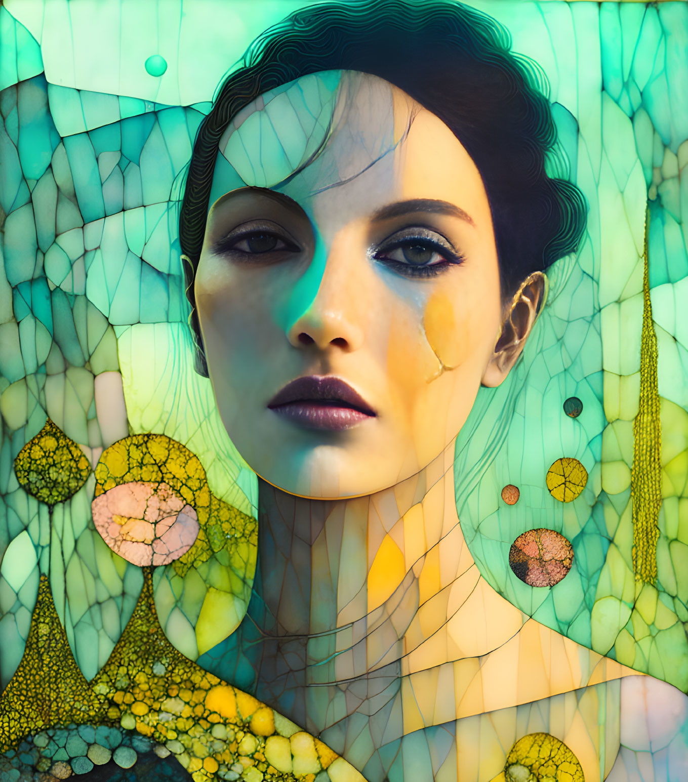 Vibrant digital portrait with surreal mosaic background