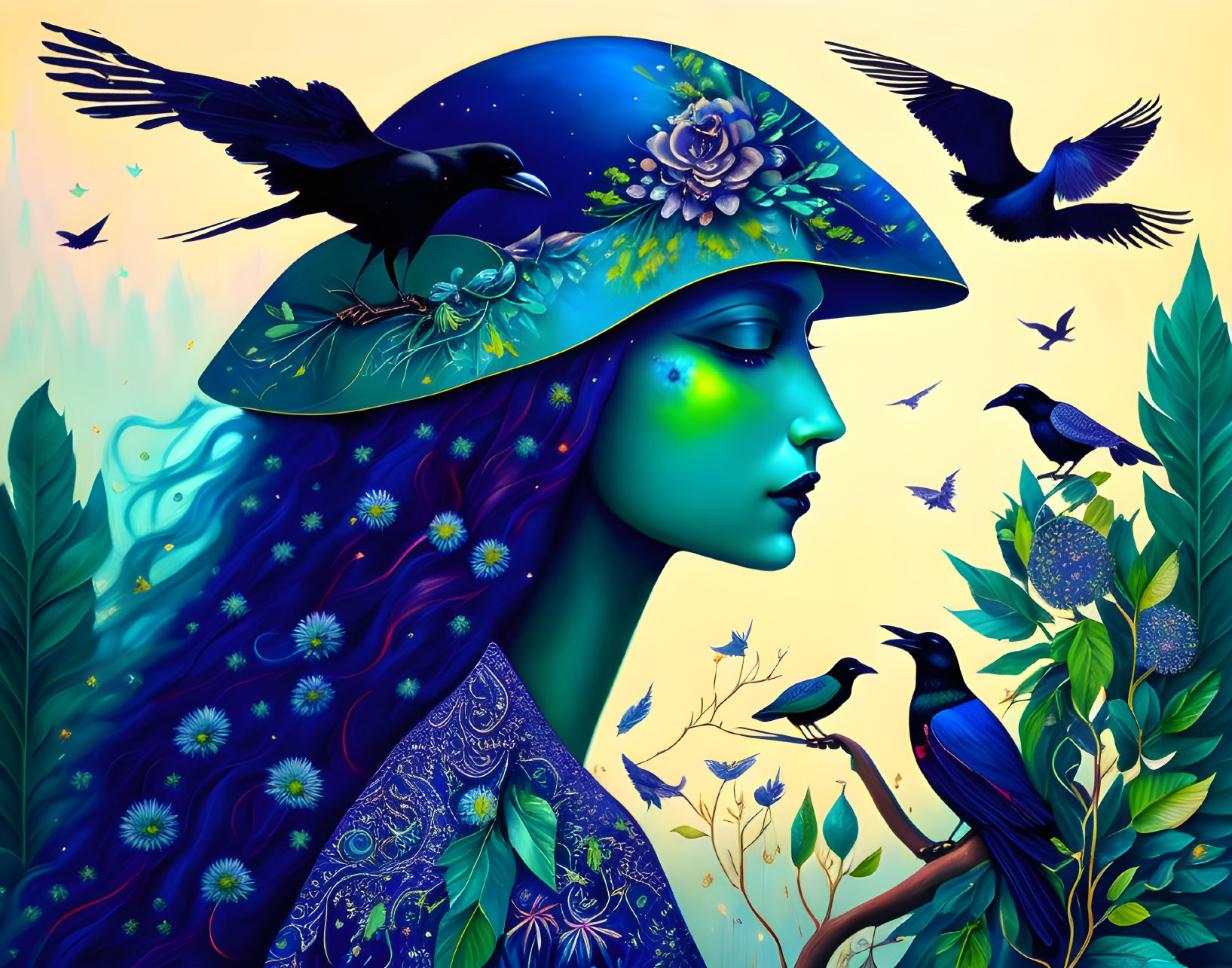 Illustration of woman with floral hat and blue hair among flying ravens on yellow-green backdrop