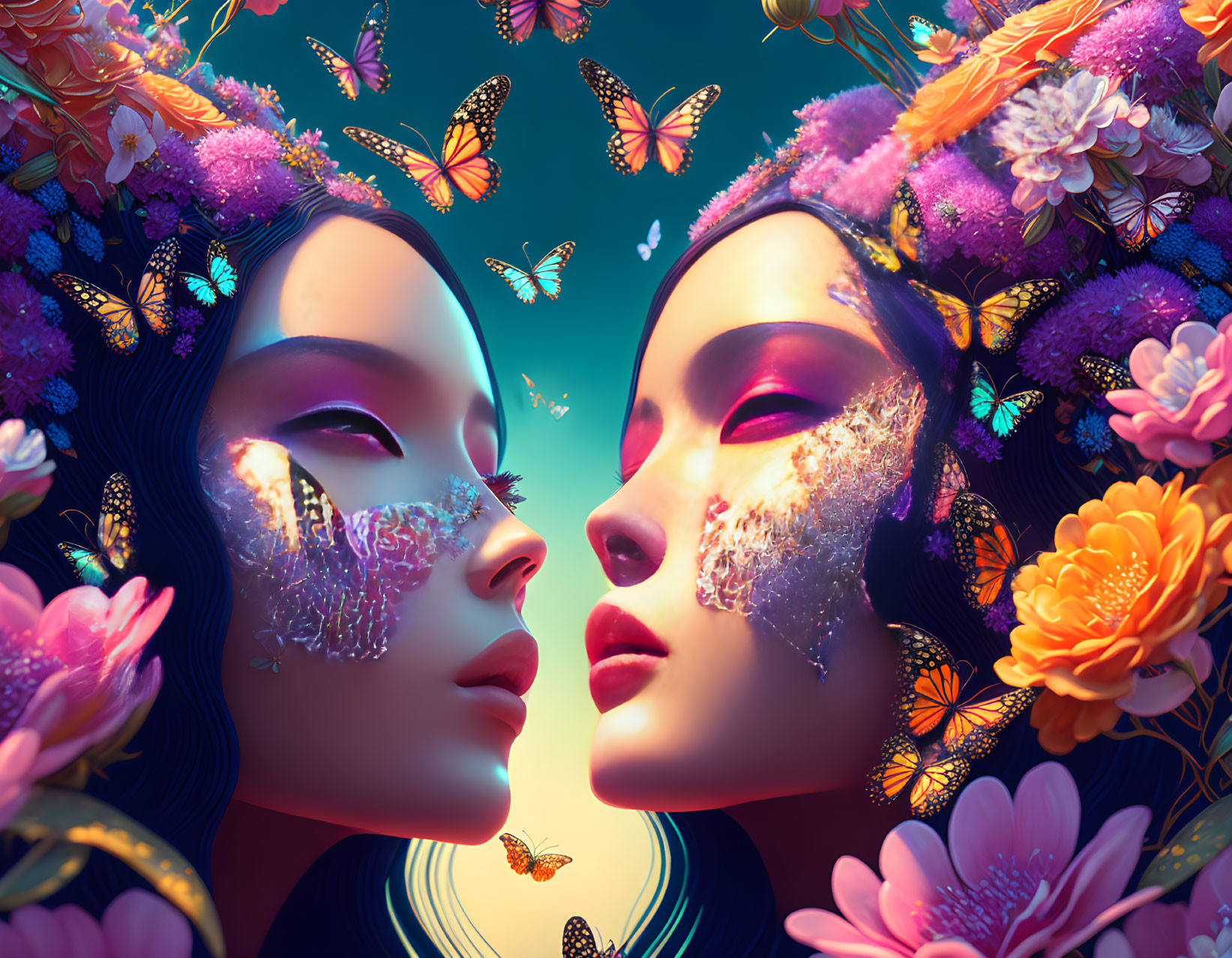 Woman with floral headdresses and glittering masks in mirrored images with butterflies on blue background