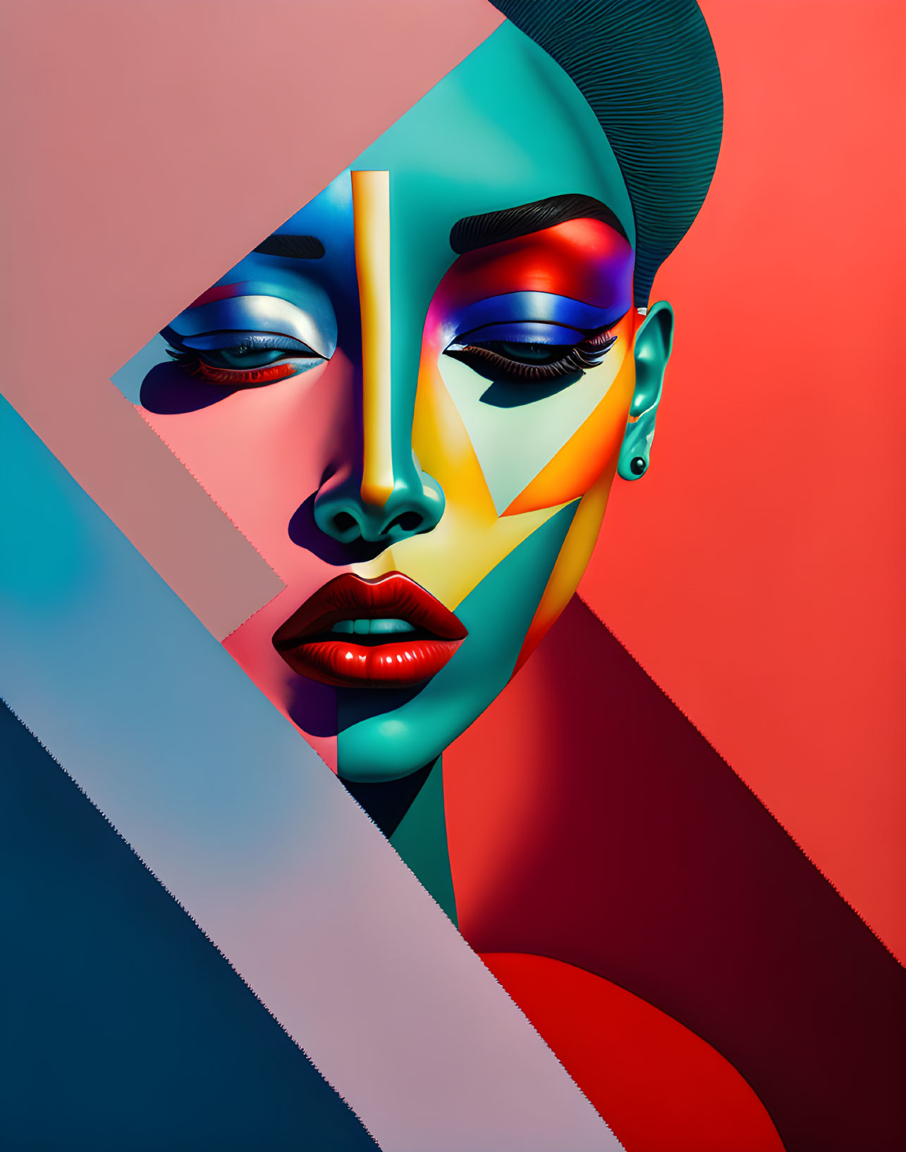 Geometric split design of a woman's face with bold makeup