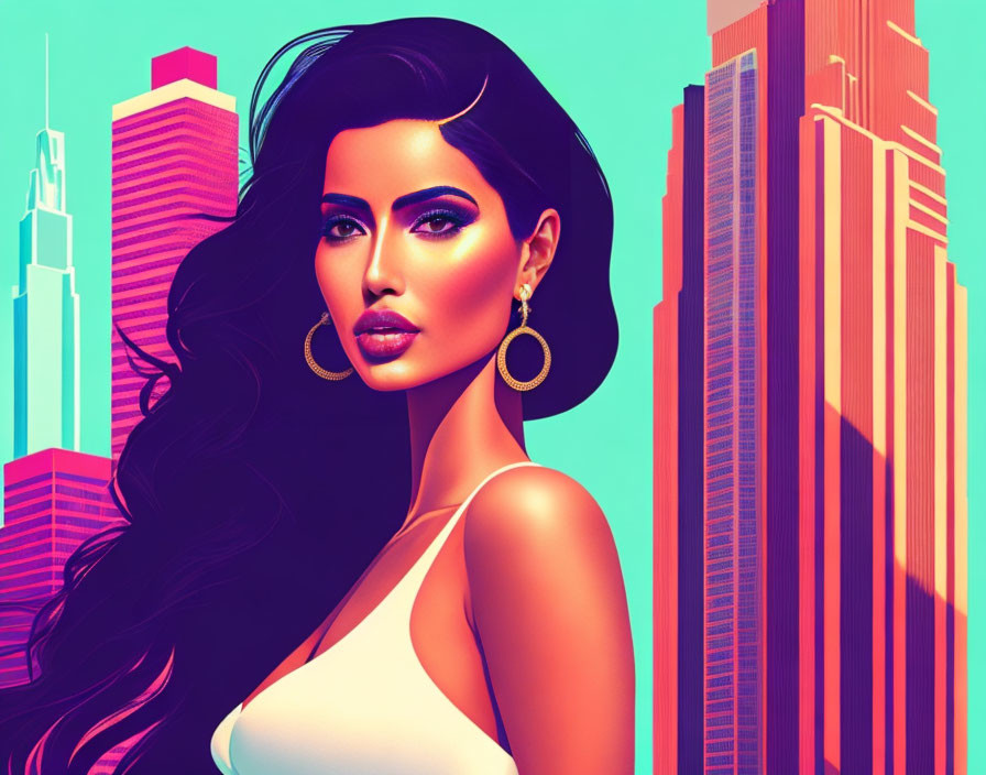 Illustration of woman with long dark hair and hoop earrings in front of pink and blue city skyline