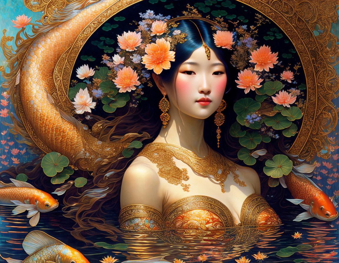 Ornate gold outfit woman with koi fish and lotus flowers