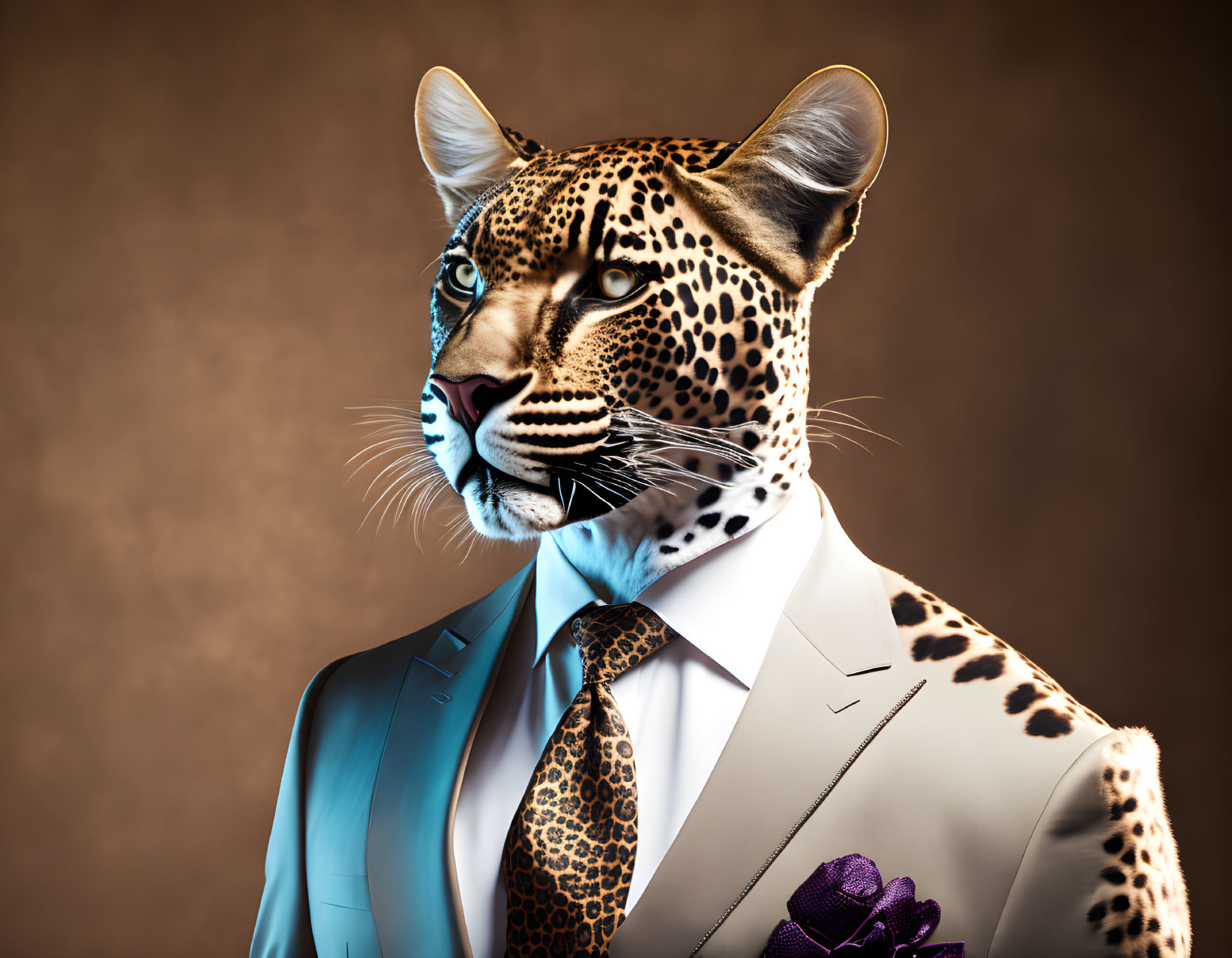 Leopard head on human body in white suit with blue shirt