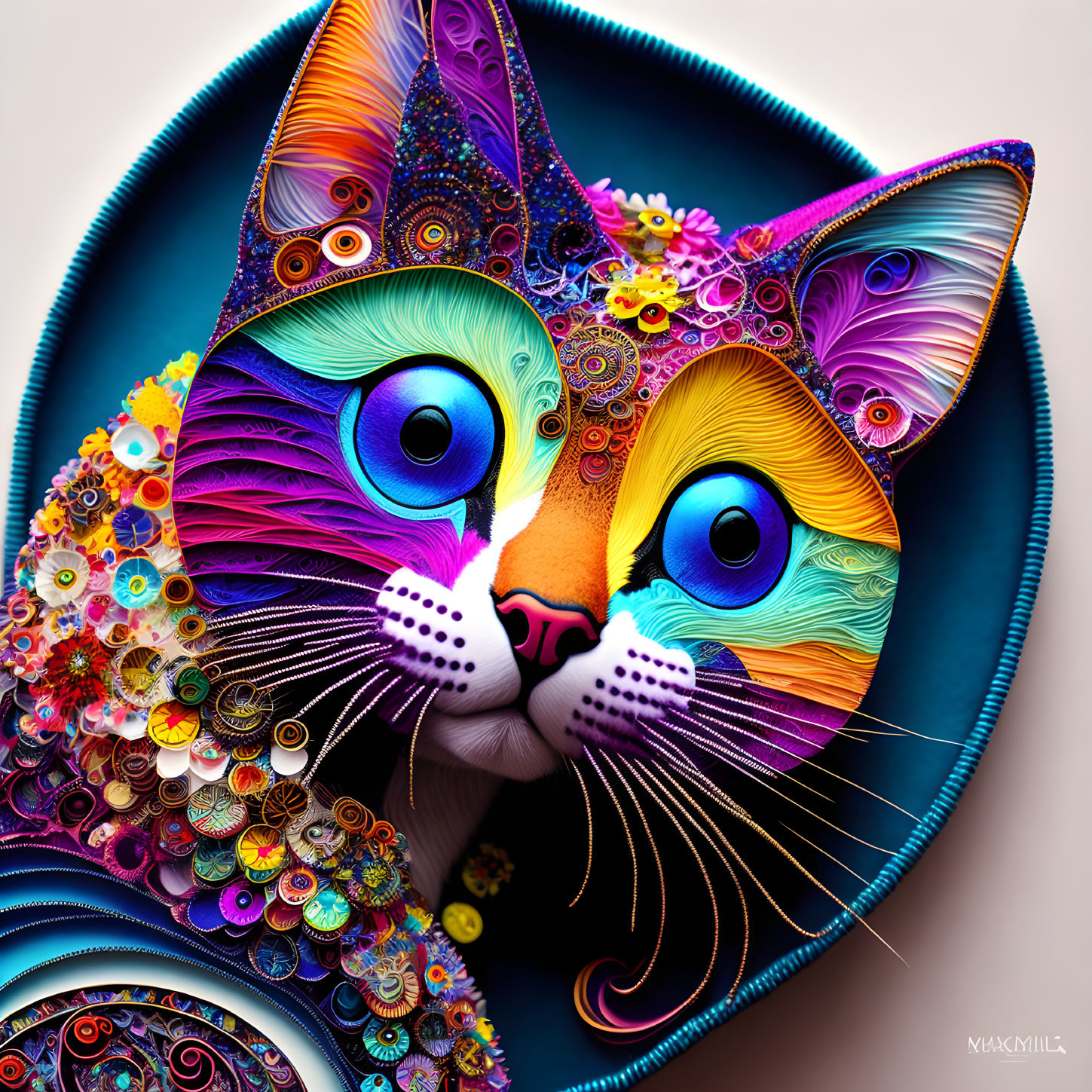 Colorful Digital Artwork: Intricate Patterns and Vivid Hues of a Psychedelic Cat