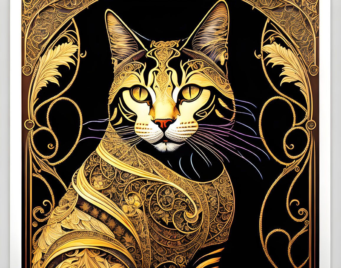 Intricate gold-patterned cat illustration on dark background