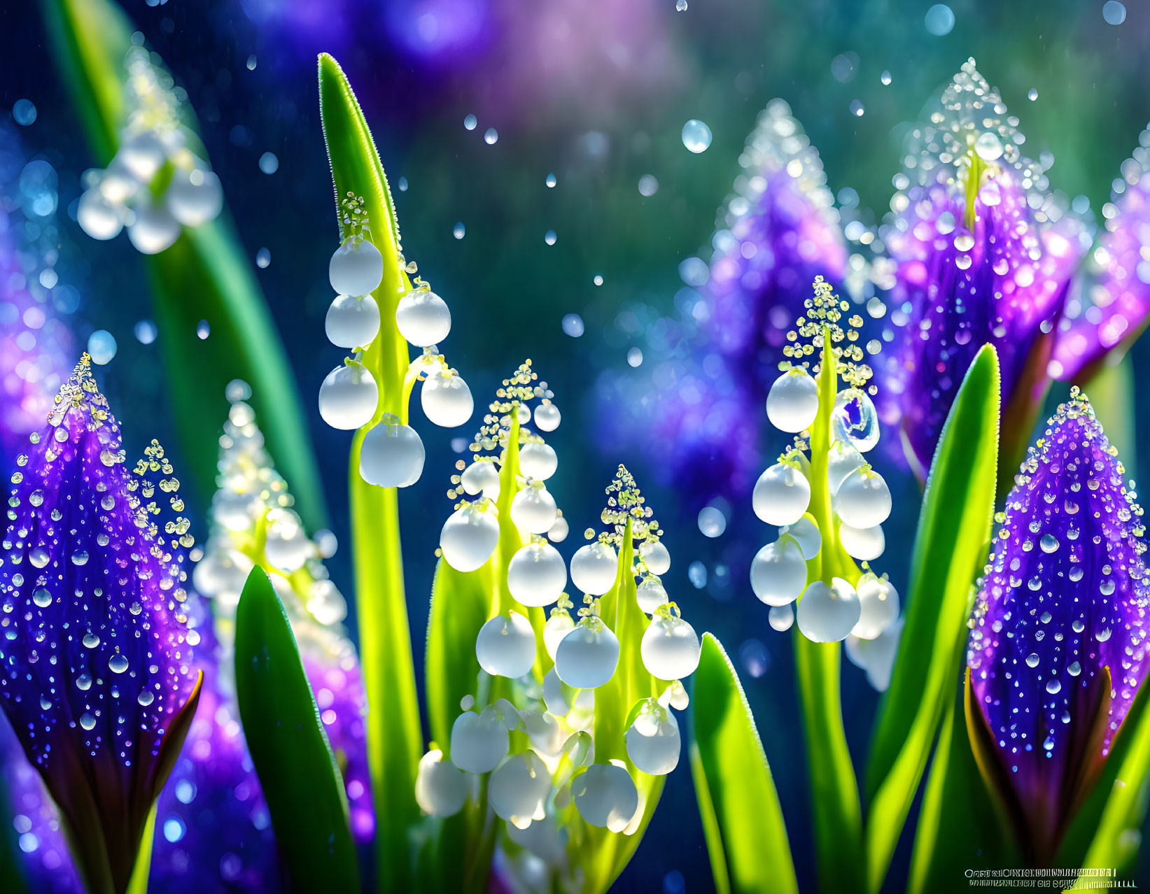 Colorful Flowers with Dew Drops on Soft Bokeh Background