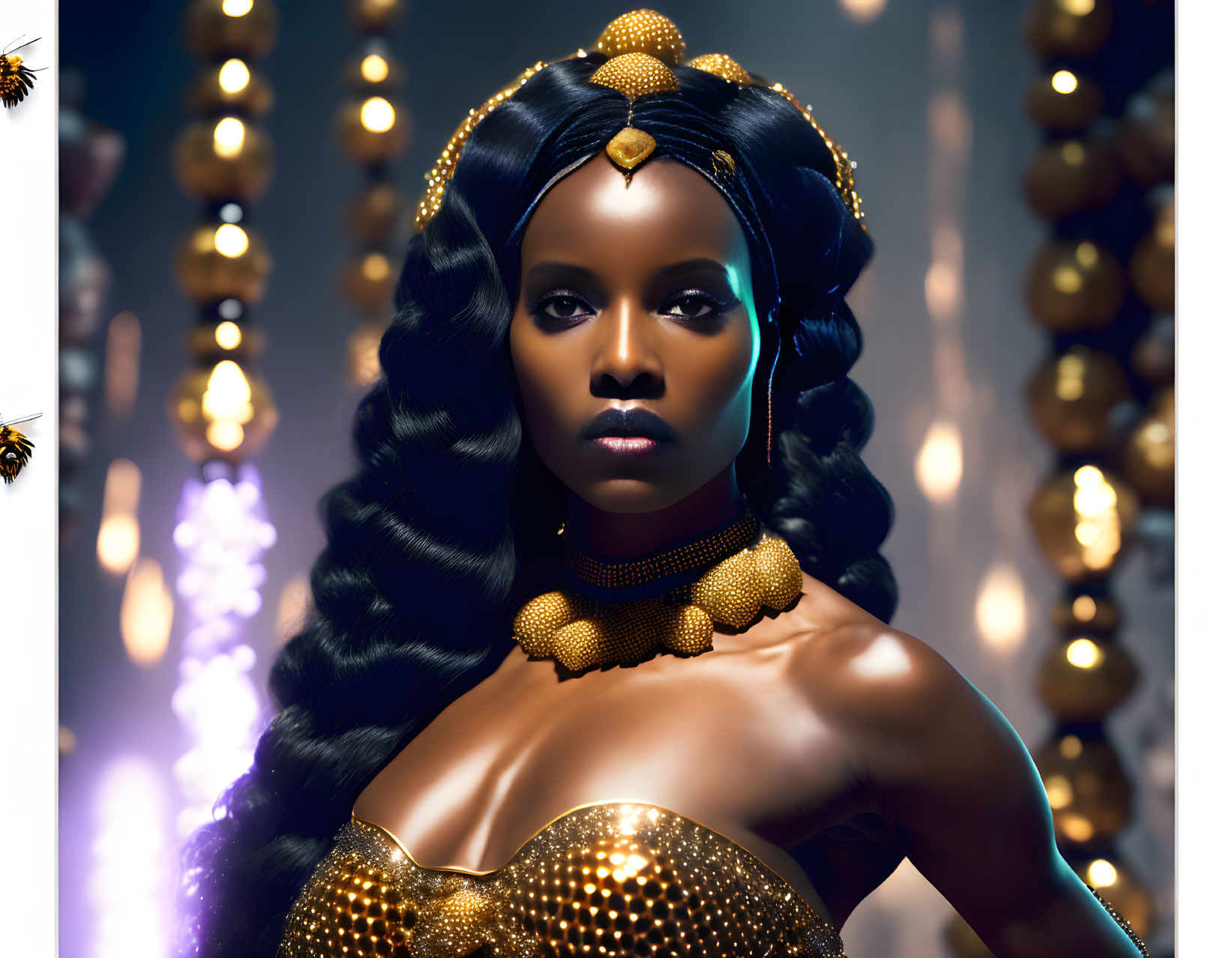 Dark-skinned woman with long black hair and golden accessories in front of shimmering lights and bokeh