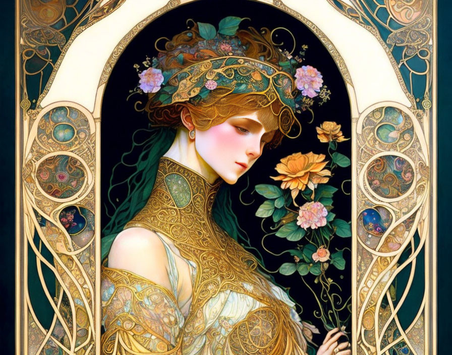 Art Nouveau Woman Illustration with Floral Hair and Gold Patterns