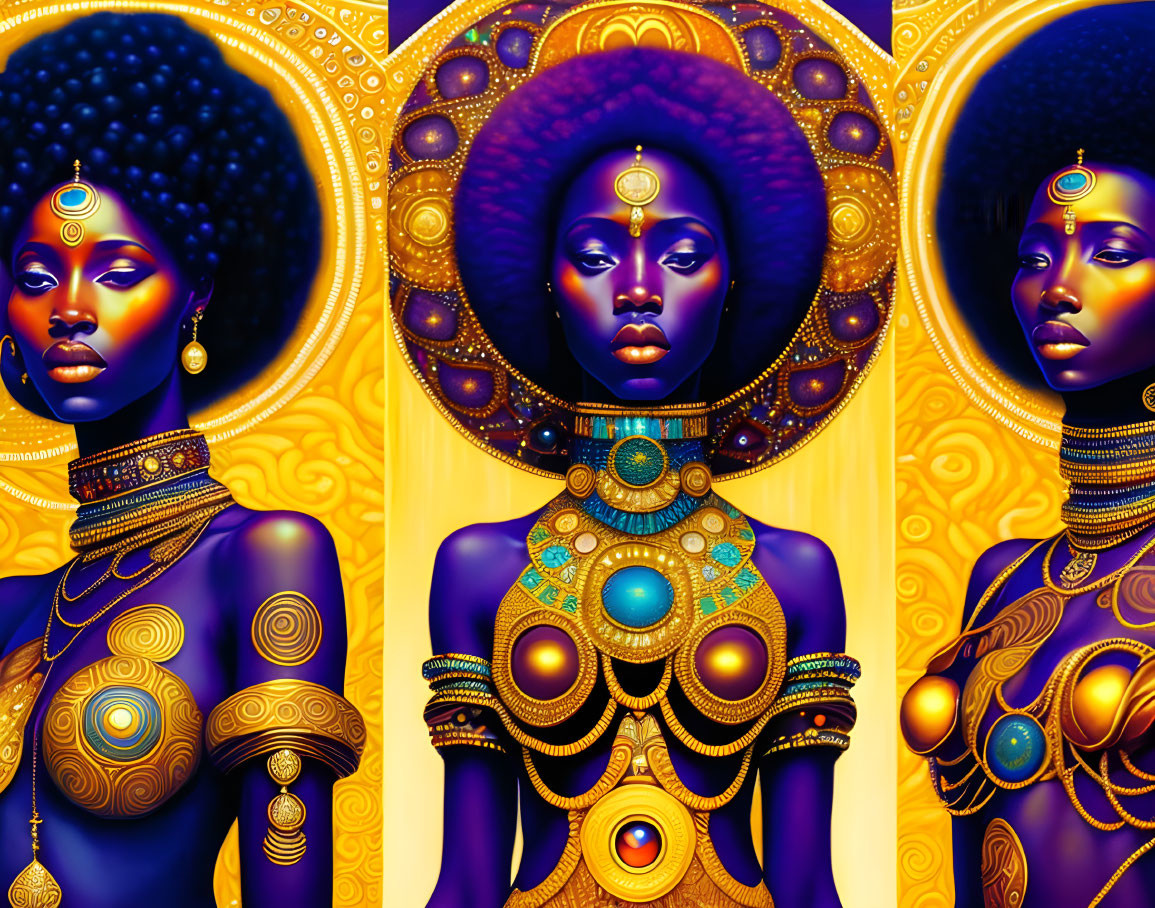 Three Afrocentric women with gold and blue jewelry on ornate golden background