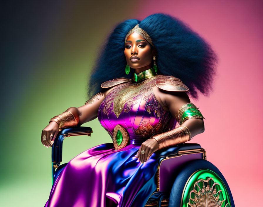 Regal woman with blue hair in wheelchair against colorful background