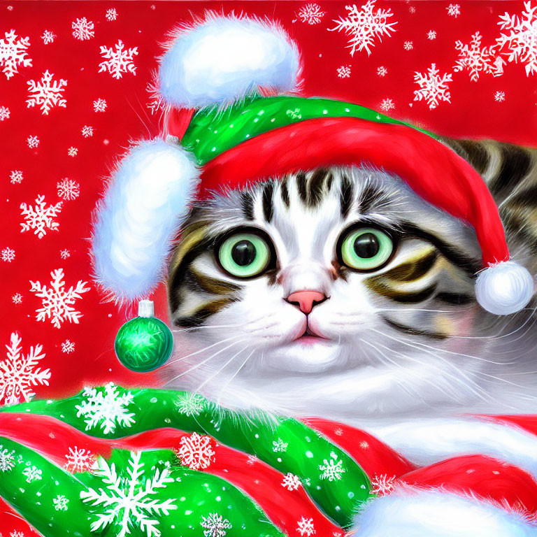 Tabby Cat in Santa Hat and Scarf Surrounded by Snowflakes