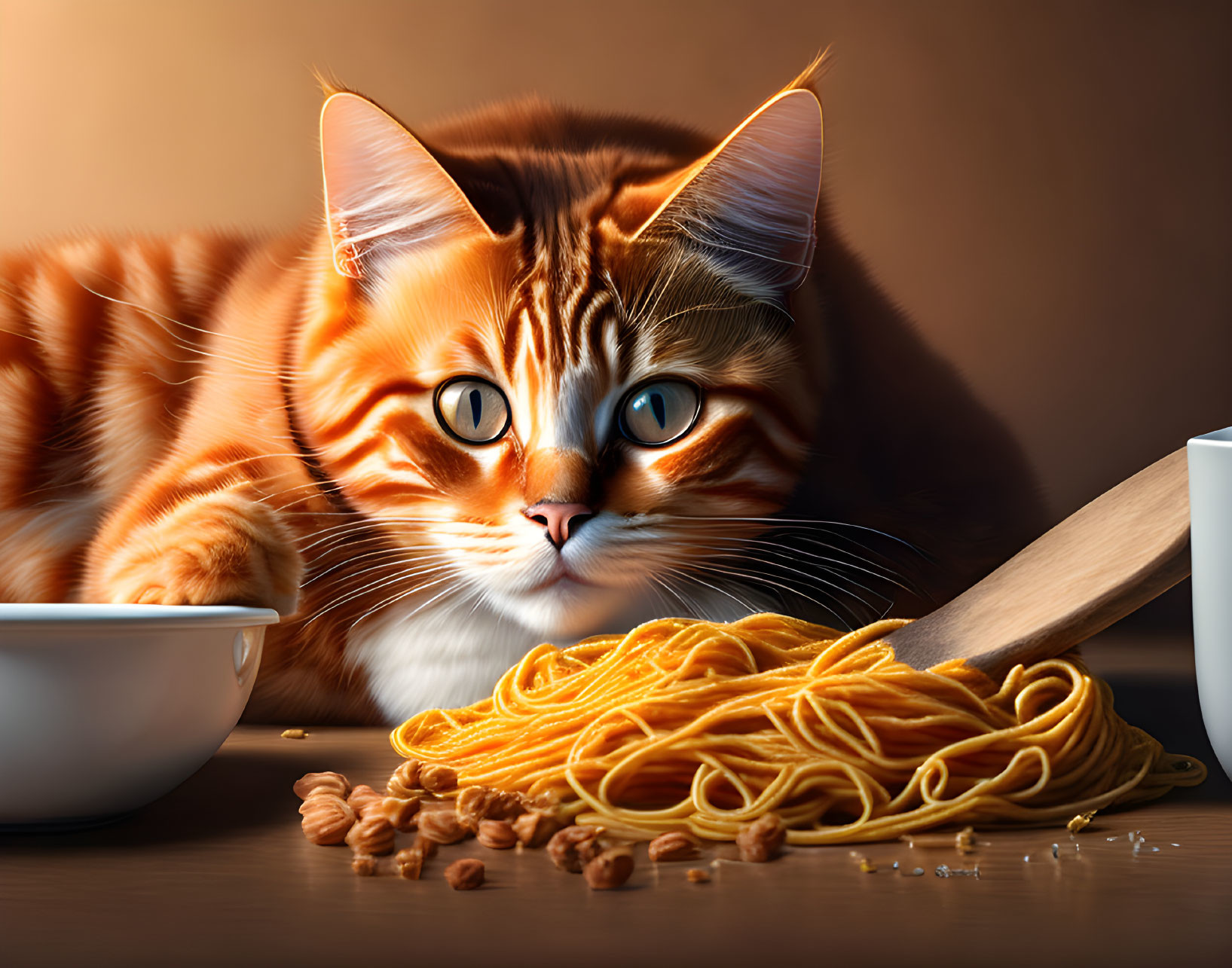 Orange Tabby Cat with Green Eyes Next to Bowl of Spaghetti and Chickpeas