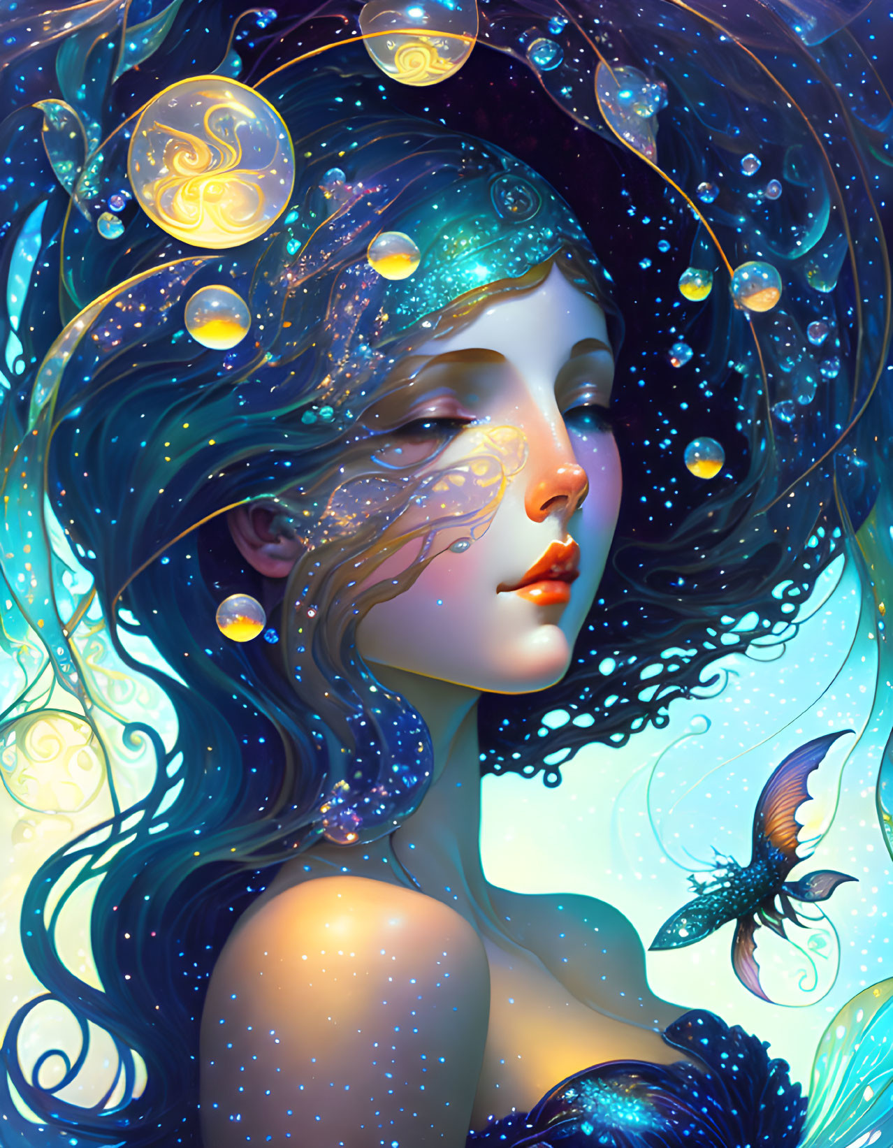 Fantastical female figure with blue hair and celestial elements.