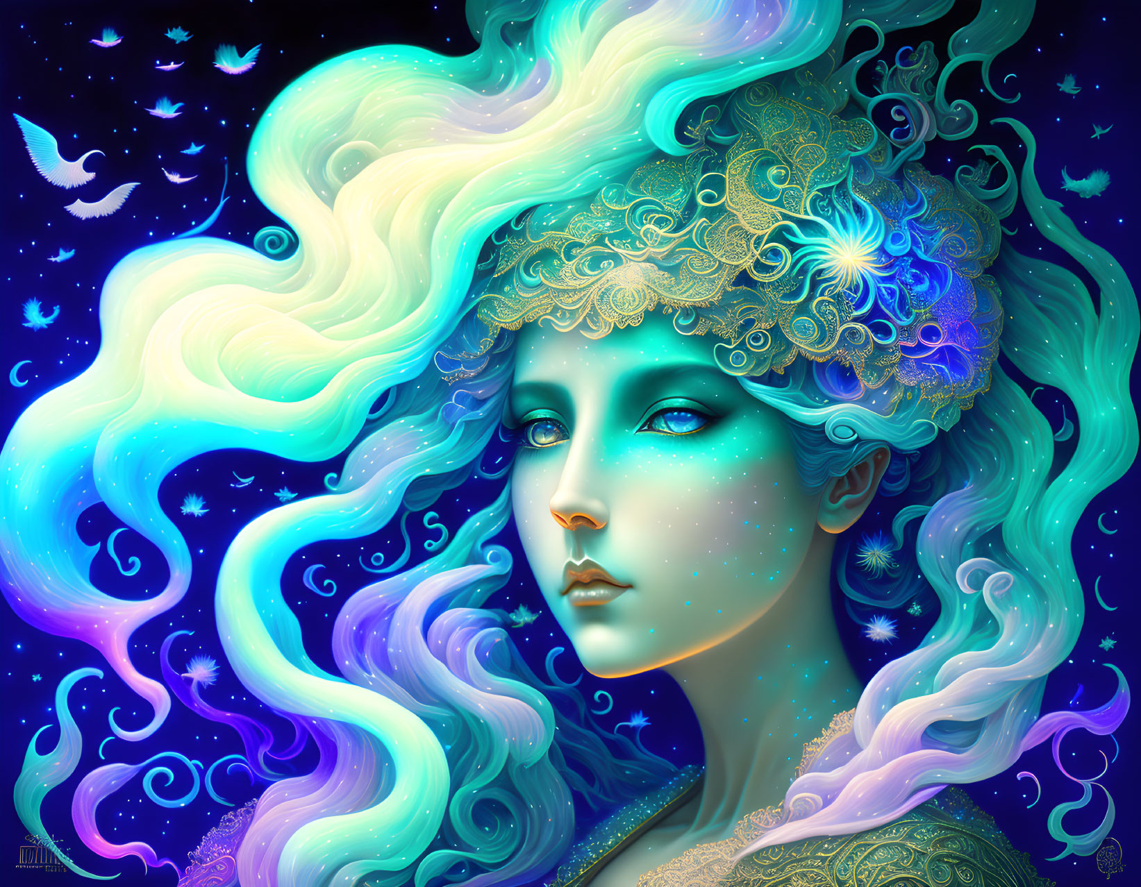 Fantasy illustration: Woman with blue skin and multicolored hair in starry setting