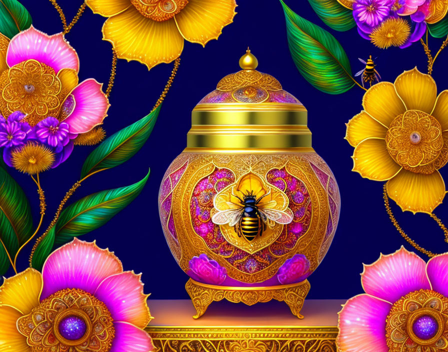 Colorful Floral Illustration with Golden Bee Pot on Blue Background